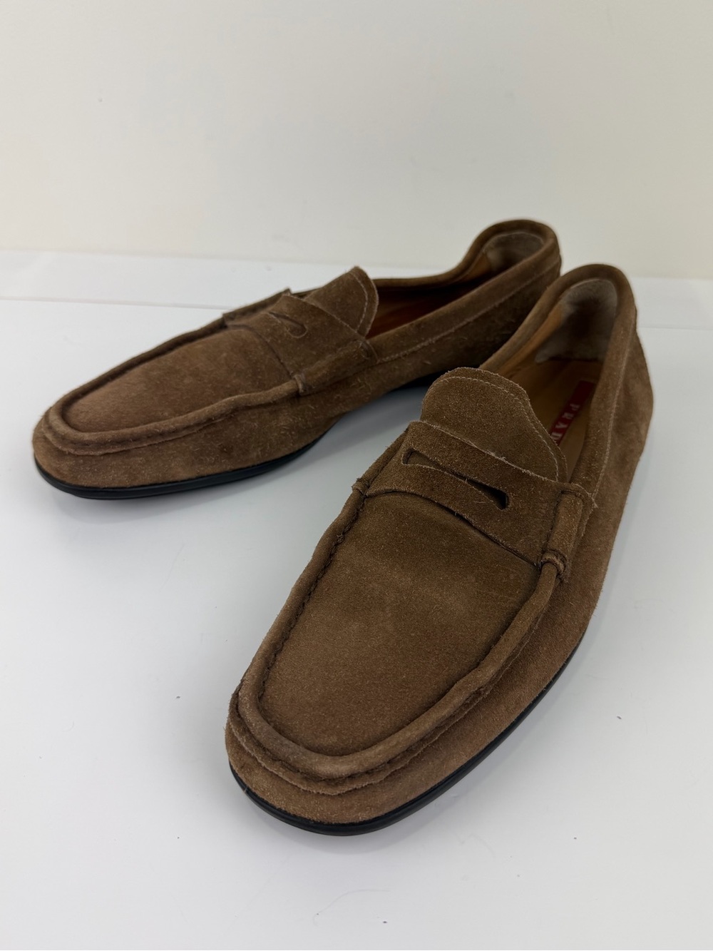 Prada Suede Penny Loafers Brown Size 10 (Fits US 11) Made in Italy